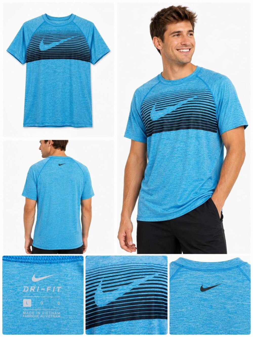Nike Dri-Fit Men’s L Blue Black Stripe Training Tee Athletic Shirt
